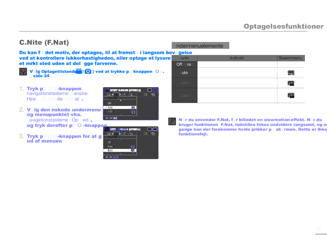 Samsung SMX-F50SP/EDC, SMX-F50BP/EDC, SMX-F50RP/EDC manual Nite F.Nat, Off Fra 