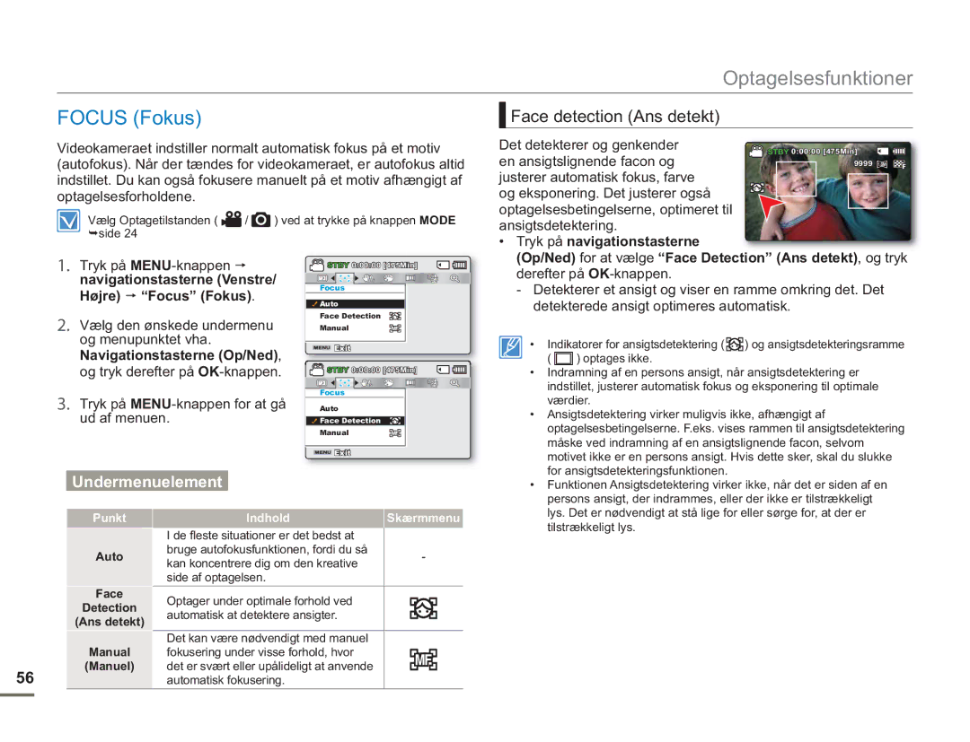 Samsung SMX-F50BP/EDC, SMX-F50RP/EDC, SMX-F50SP/EDC manual Focus Fokus, Face detection Ans detekt, Undermenuelement 