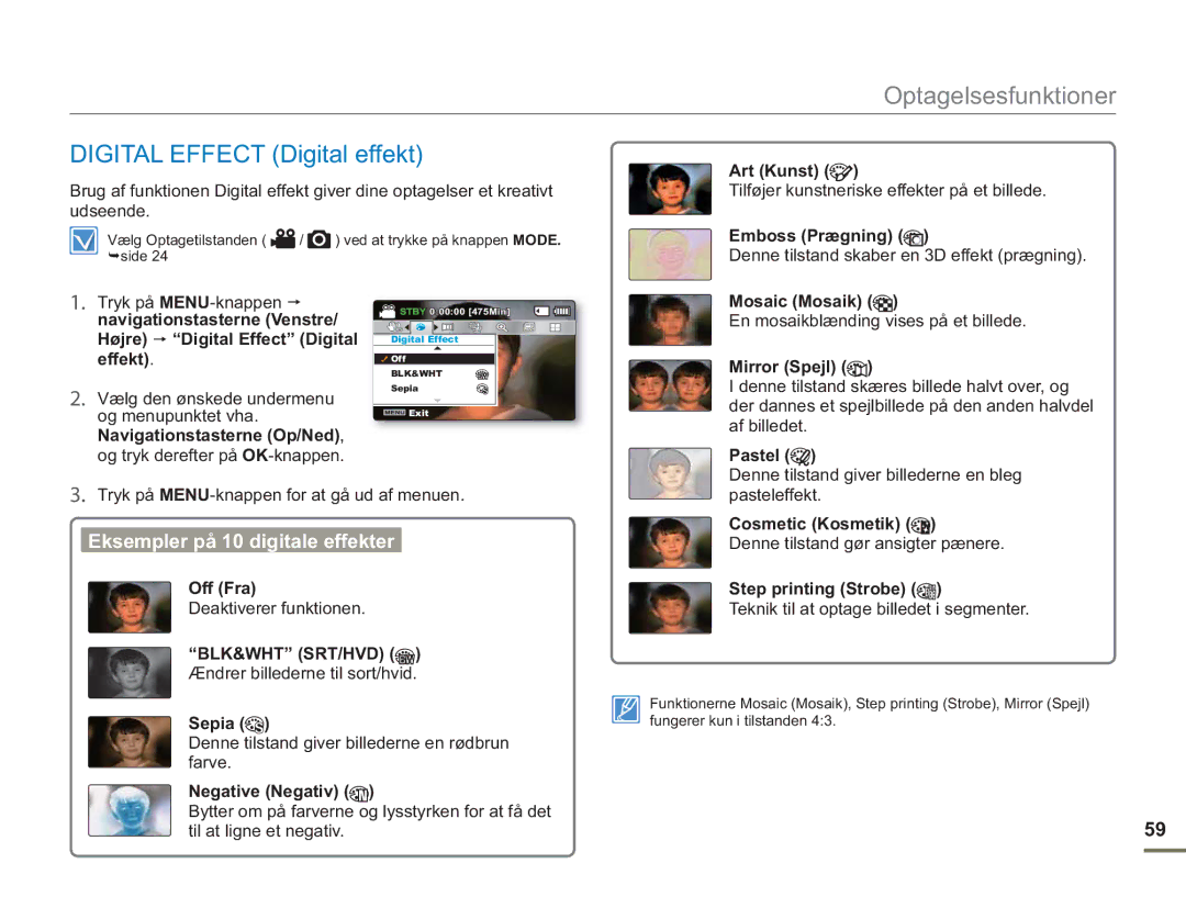 Samsung SMX-F50BP/EDC, SMX-F50RP/EDC, SMX-F50SP/EDC manual Digital Effect Digital effekt, Eksempler på 10 digitale effekter 