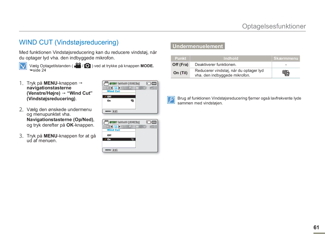 Samsung SMX-F50SP/EDC, SMX-F50BP/EDC, SMX-F50RP/EDC manual Wind CUT Vindstøjsreducering, Punkt Indhold Skærmmenu 