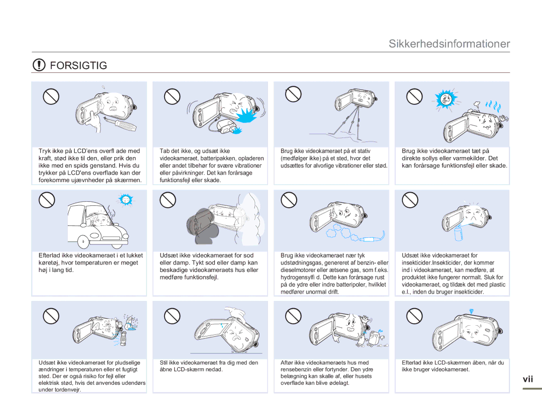 Samsung SMX-F50RP/EDC, SMX-F50BP/EDC, SMX-F50SP/EDC manual Forsigtig, Vii 