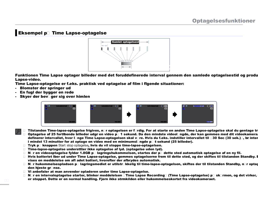Samsung SMX-F50SP/EDC, SMX-F50BP/EDC, SMX-F50RP/EDC manual Eksempel på Time Lapse-optagelse 