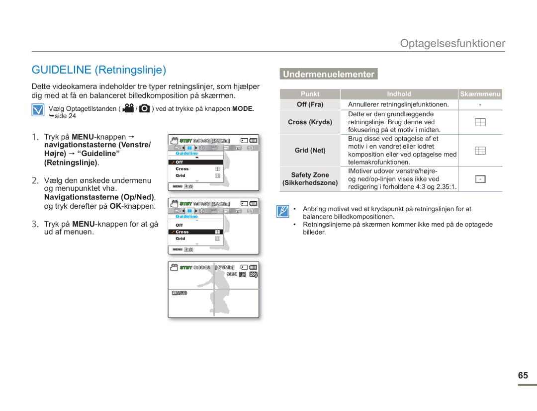 Samsung SMX-F50BP/EDC Guideline Retningslinje, Højre Guideline, Off Fra Cross Kryds, Grid Net Safety Zone Sikkerhedszone 