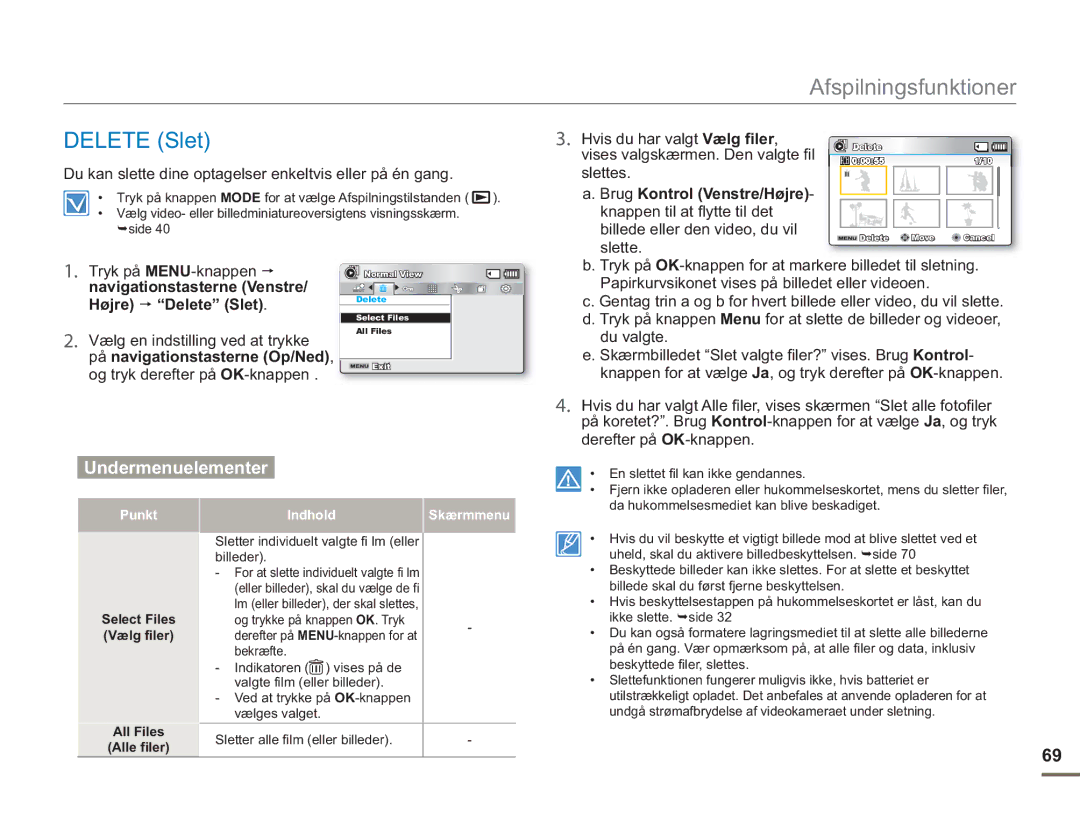 Samsung SMX-F50RP/EDC, SMX-F50BP/EDC, SMX-F50SP/EDC manual Delete Slet, Brug Kontrol Venstre/Højre 