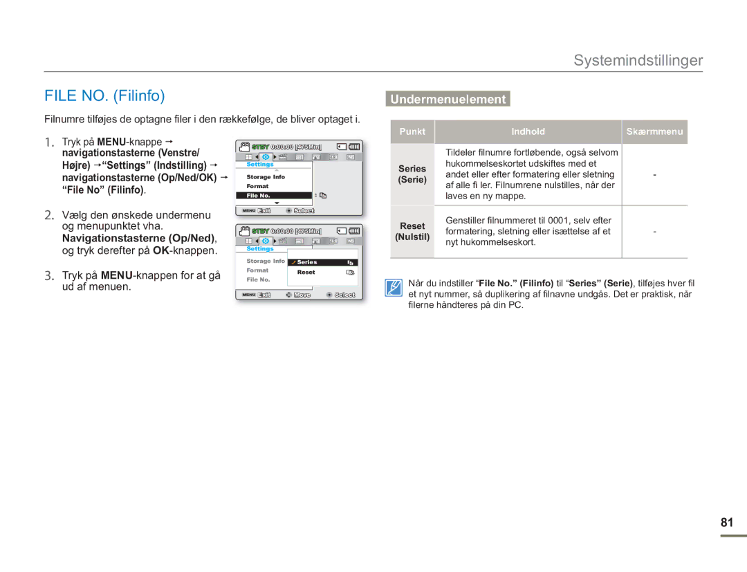 Samsung SMX-F50RP/EDC, SMX-F50BP/EDC, SMX-F50SP/EDC manual File NO. Filinfo, Series, Reset, Nulstil 