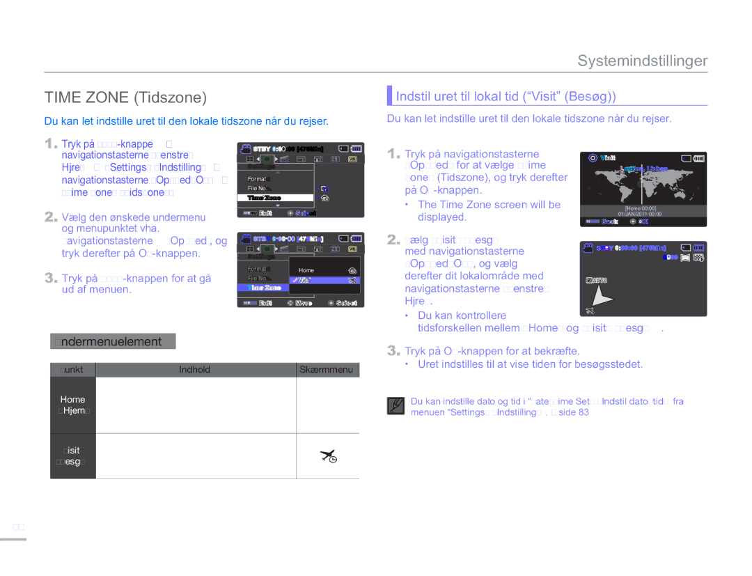 Samsung SMX-F50SP/EDC manual Time Zone Tidszone, Indstil uret til lokal tid Visit Besøg, Navigationstasterne Venstre/ Højre 