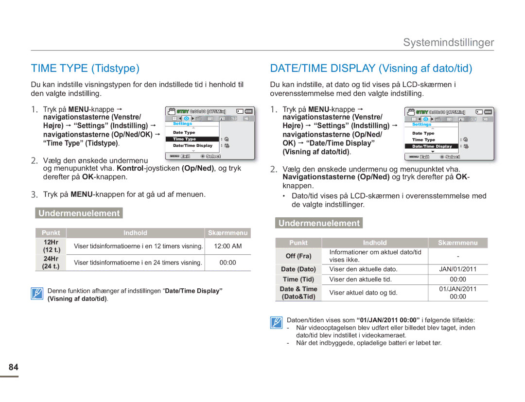 Samsung SMX-F50RP/EDC, SMX-F50BP/EDC manual Time Type Tidstype, DATE/TIME Display Visning af dato/tid, OK Date/Time Display 