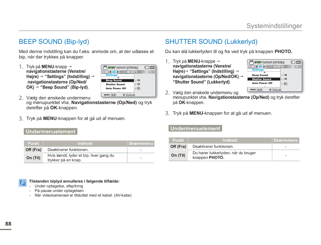 Samsung SMX-F50SP/EDC, SMX-F50BP/EDC manual Shutter Sound Lukkerlyd, Navigationstasterne Op/Ned/ OK Beep Sound Bip-lyd 