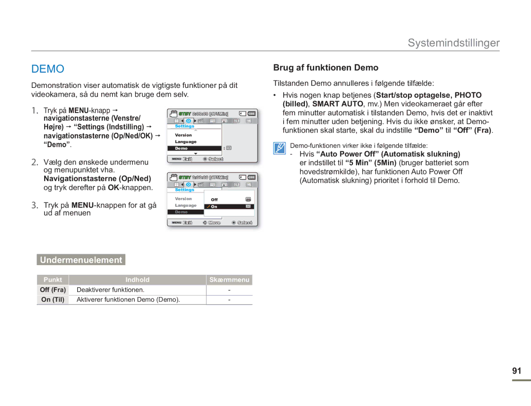Samsung SMX-F50SP/EDC, SMX-F50BP/EDC manual Brug af funktionen Demo, Tilstanden Demo annulleres i følgende tilfælde 