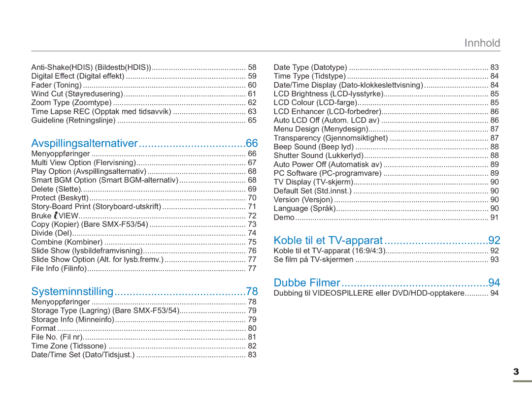 Samsung SMX-F50RP/EDC, SMX-F50BP/EDC, SMX-F50SP/EDC manual Innhold 