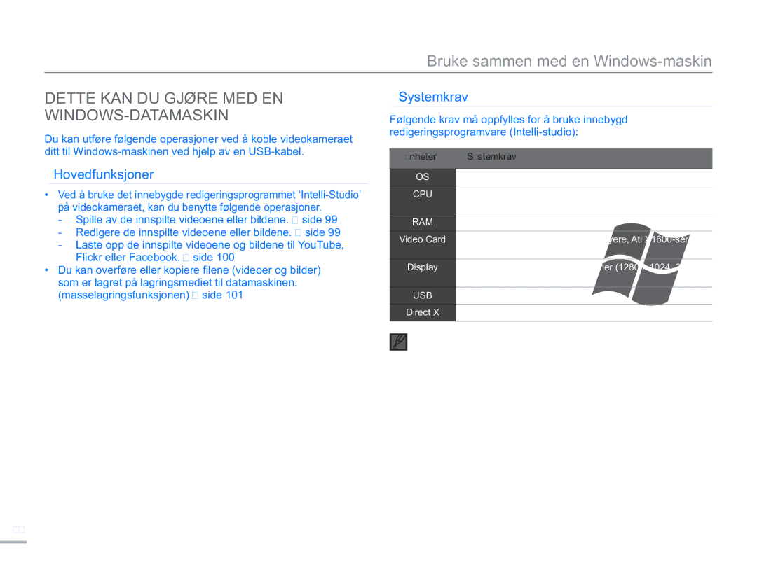 Samsung SMX-F50RP/EDC, SMX-F50BP/EDC Dette KAN DU Gjøre MED EN WINDOWS-DATAMASKIN, Hovedfunksjoner, Enheter Systemkrav 