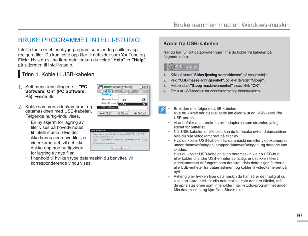 Samsung SMX-F50SP/EDC manual Bruke Programmet INTELLI-STUDIO, Trinn 1. Koble til USB-kabelen, Koble fra USB-kabelen 