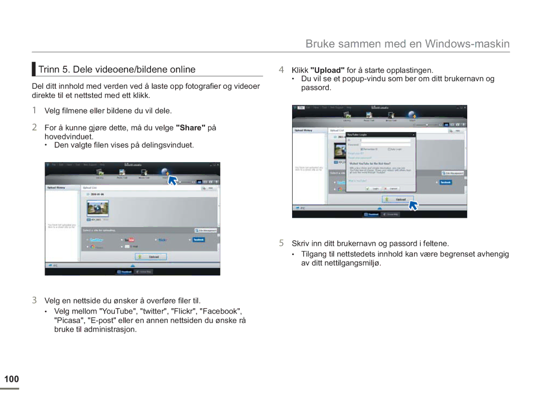 Samsung SMX-F50SP/EDC, SMX-F50BP/EDC, SMX-F50RP/EDC manual Trinn 5. Dele videoene/bildene online, 100 