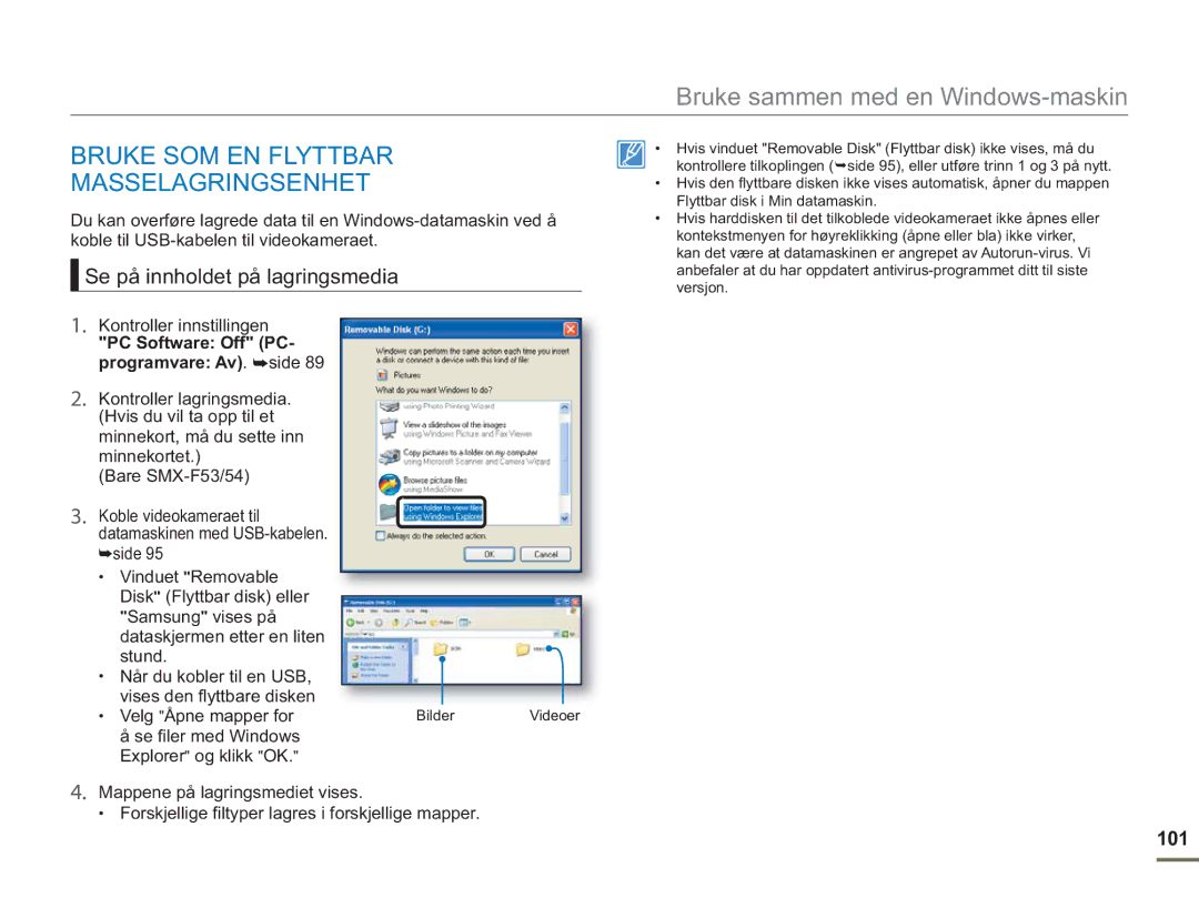 Samsung SMX-F50BP/EDC, SMX-F50RP/EDC manual Bruke SOM EN Flyttbar Masselagringsenhet, Se på innholdet på lagringsmedia, 101 