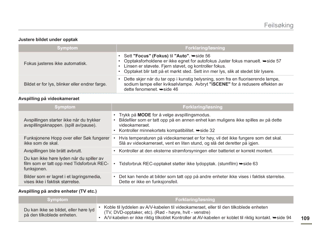 Samsung SMX-F50SP/EDC manual 109, Justere bildet under opptak, Sett Focus Fokus til Auto. side, Avspilling på videokameraet 