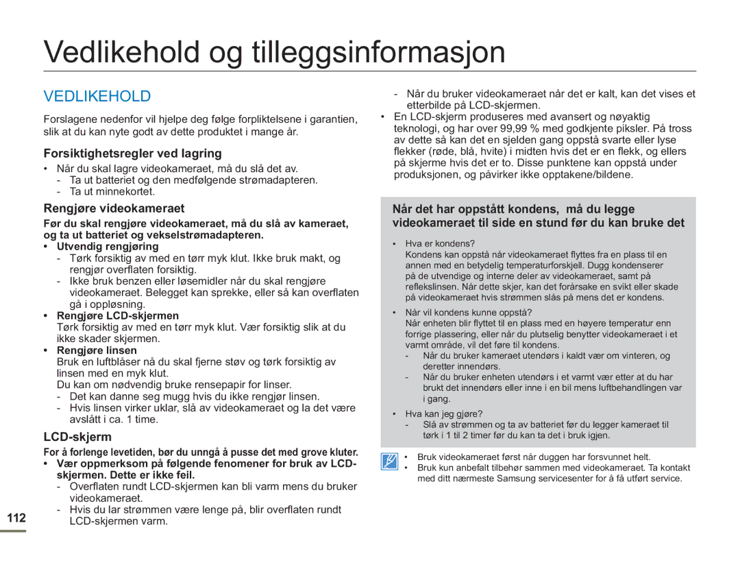 Samsung SMX-F50SP/EDC manual Vedlikehold og tilleggsinformasjon, Forsiktighetsregler ved lagring, Rengjøre videokameraet 