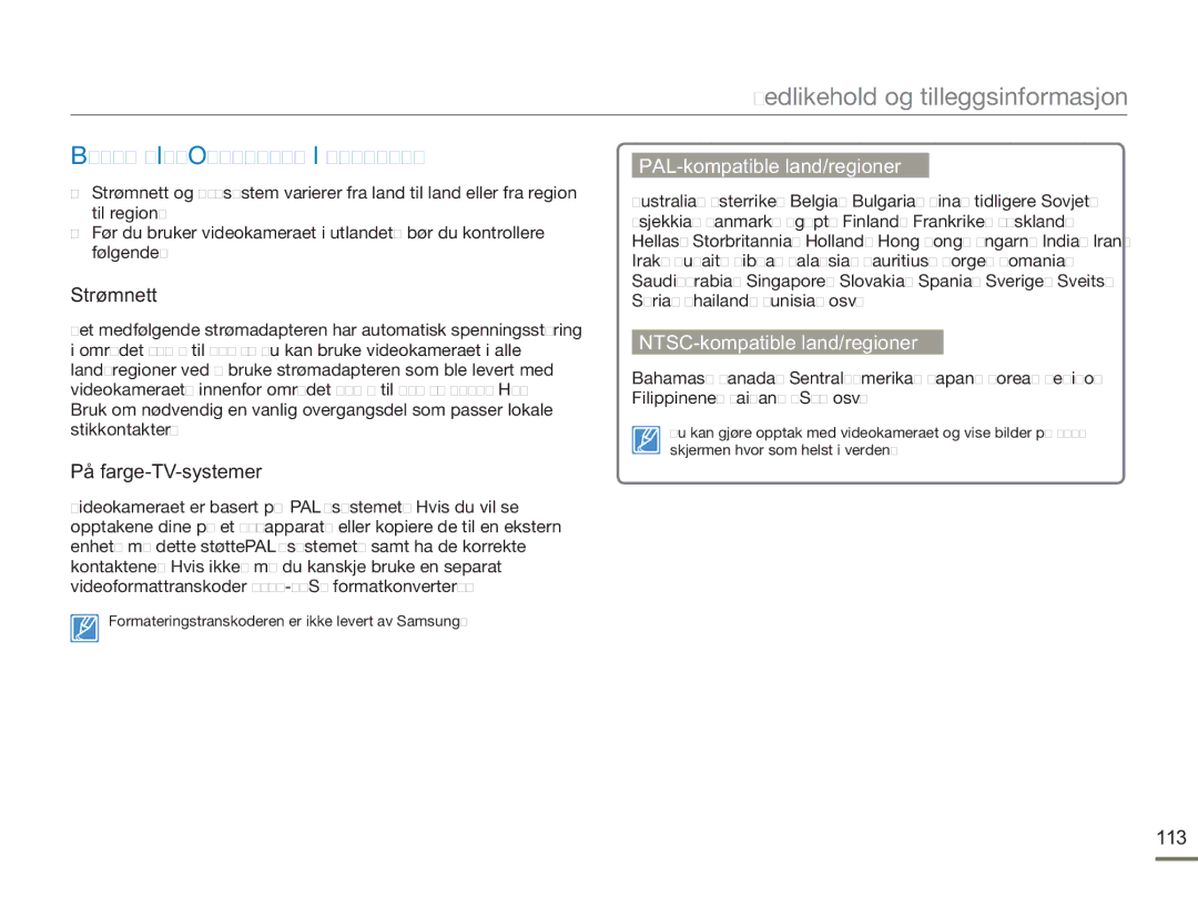 Samsung SMX-F50BP/EDC, SMX-F50RP/EDC, SMX-F50SP/EDC Bruke Videokameraet I Utlandet, Strømnett, På farge-TV-systemer, 113 