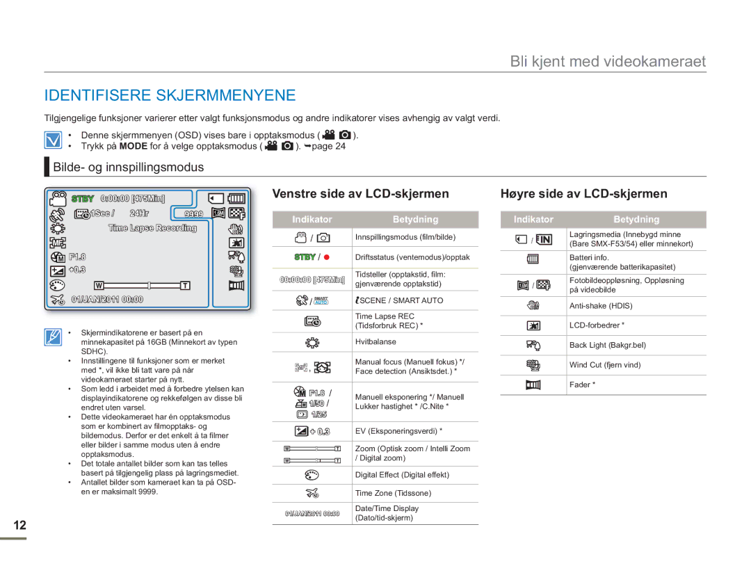 Samsung SMX-F50RP/EDC, SMX-F50BP/EDC Identifisere Skjermmenyene, Bilde- og innspillingsmodus, Venstre side av LCD-skjermen 