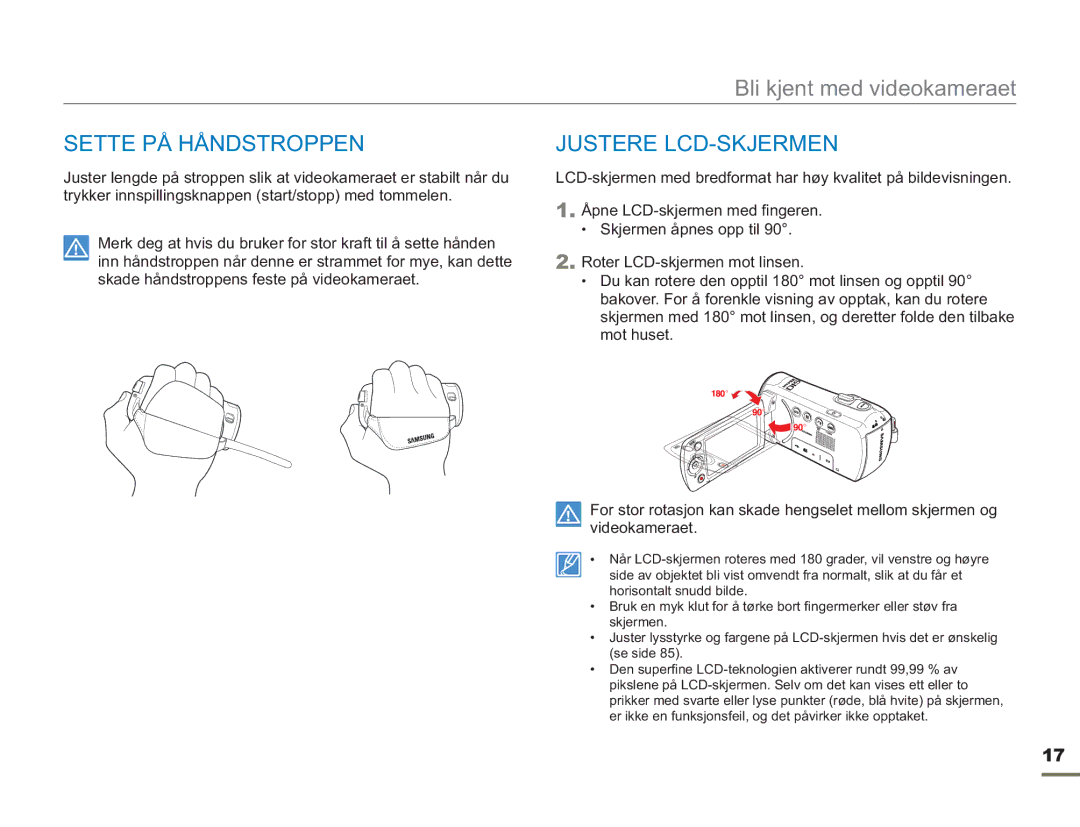 Samsung SMX-F50BP/EDC, SMX-F50RP/EDC, SMX-F50SP/EDC manual Sette PÅ Håndstroppen, Justere LCD-SKJERMEN 