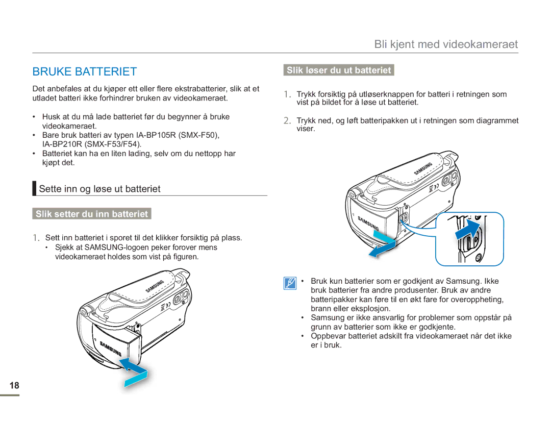 Samsung SMX-F50RP/EDC, SMX-F50BP/EDC, SMX-F50SP/EDC manual Bruke Batteriet, Sette inn og løse ut batteriet 