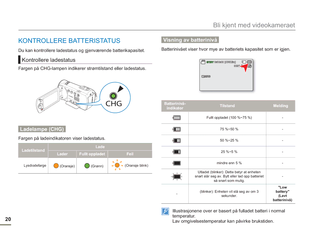 Samsung SMX-F50BP/EDC manual Kontrollere Batteristatus, Kontrollere ladestatus, Fargen på ladeindikatoren viser ladestatus 