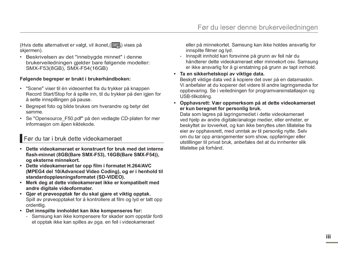 Samsung SMX-F50BP/EDC manual Før du tar i bruk dette videokameraet, Iii, Følgende begreper er brukt i brukerhåndboken 