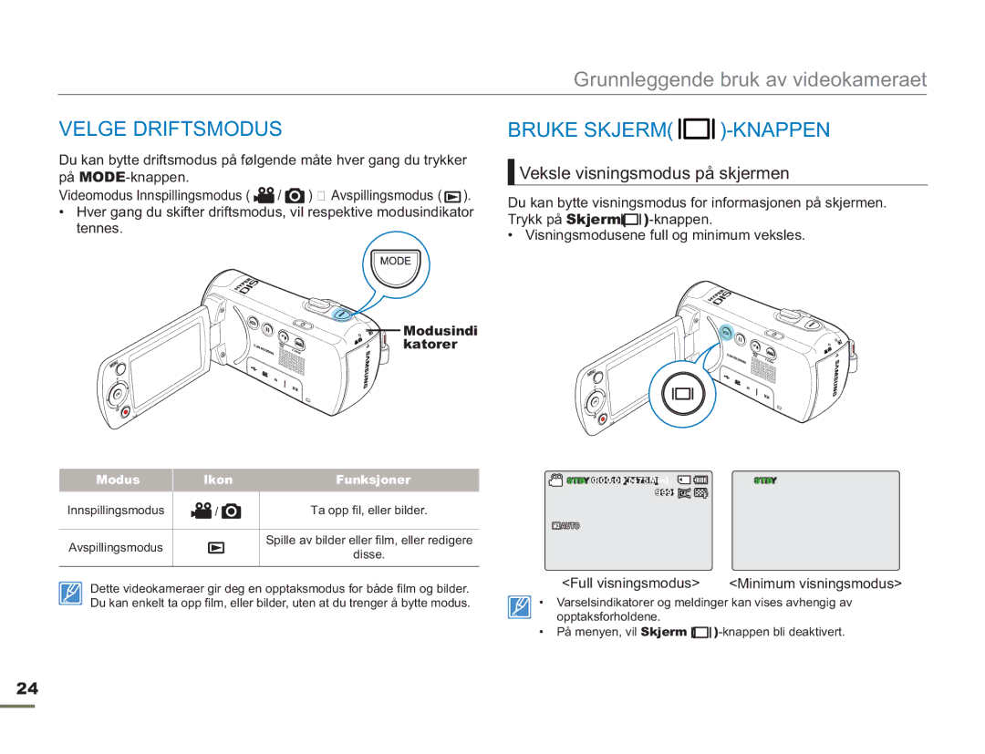 Samsung SMX-F50RP/EDC Velge Driftsmodus, Bruke Skjerm -KNAPPEN, Veksle visningsmodus på skjermen, Modus Ikon Funksjoner 