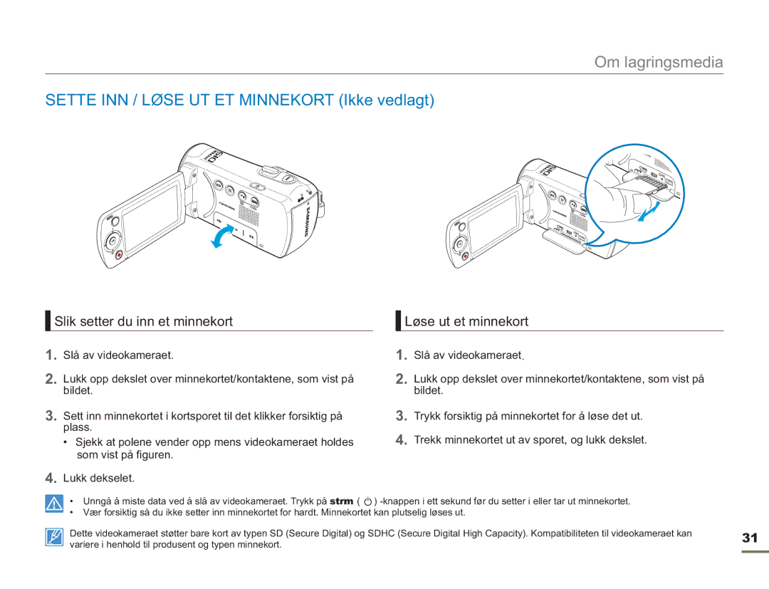 Samsung SMX-F50SP/EDC Sette INN / Løse UT ET Minnekort Ikke vedlagt, Slik setter du inn et minnekort Løse ut et minnekort 