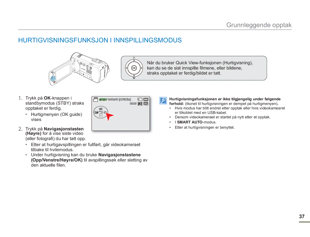 Samsung SMX-F50SP/EDC, SMX-F50BP/EDC, SMX-F50RP/EDC manual Hurtigvisningsfunksjon I Innspillingsmodus, Smart AUTO-modus 