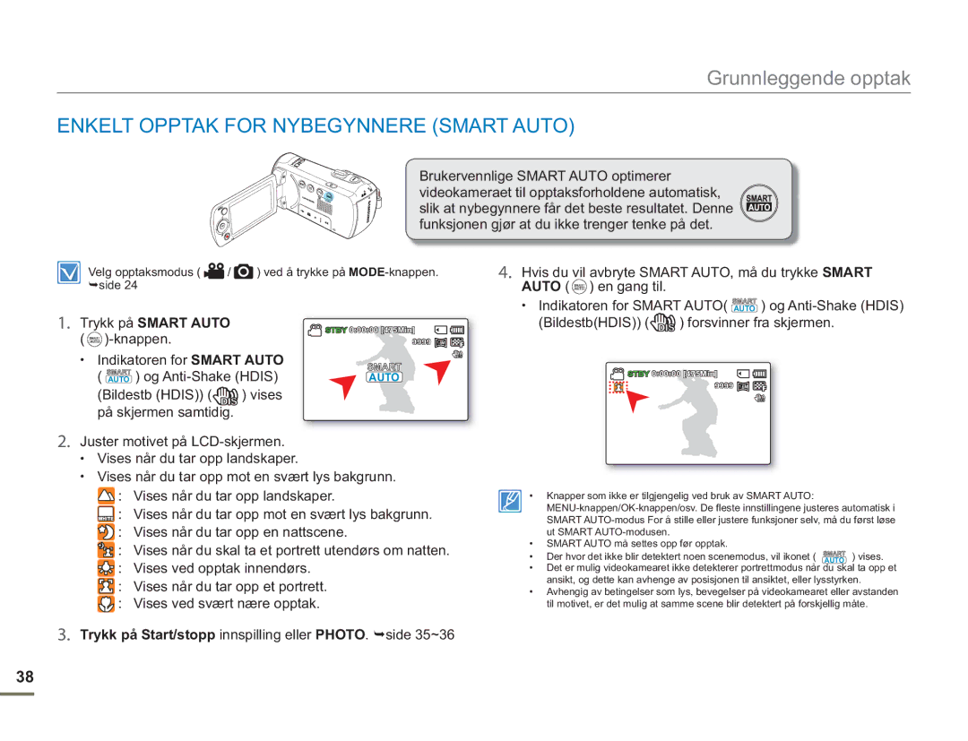 Samsung SMX-F50BP/EDC, SMX-F50RP/EDC, SMX-F50SP/EDC manual Enkelt Opptak for Nybegynnere Smart Auto, Trykk på Smart Auto 