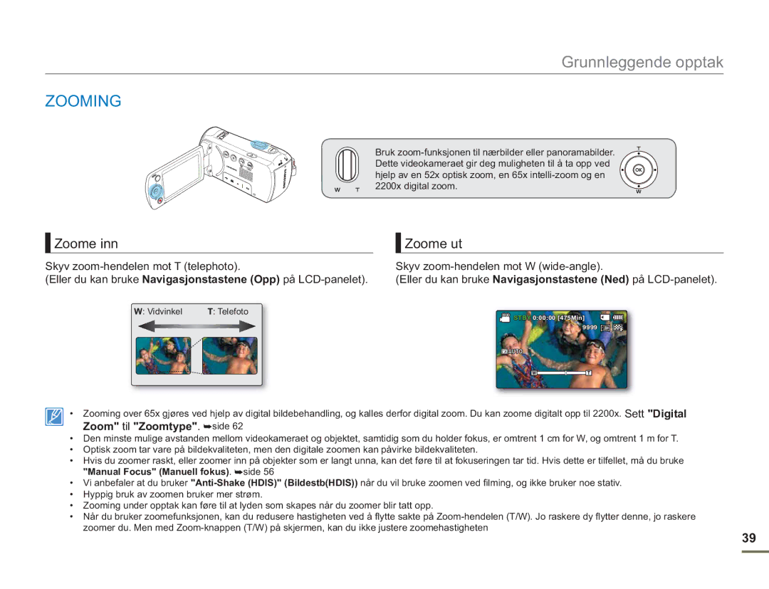 Samsung SMX-F50RP/EDC, SMX-F50BP/EDC, SMX-F50SP/EDC manual Zooming, Zoome inn, Zoome ut 