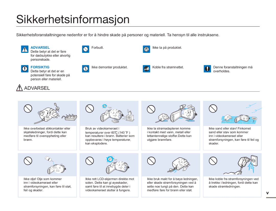 Samsung SMX-F50SP/EDC, SMX-F50BP/EDC, SMX-F50RP/EDC manual Sikkerhetsinformasjon, Forsiktig 