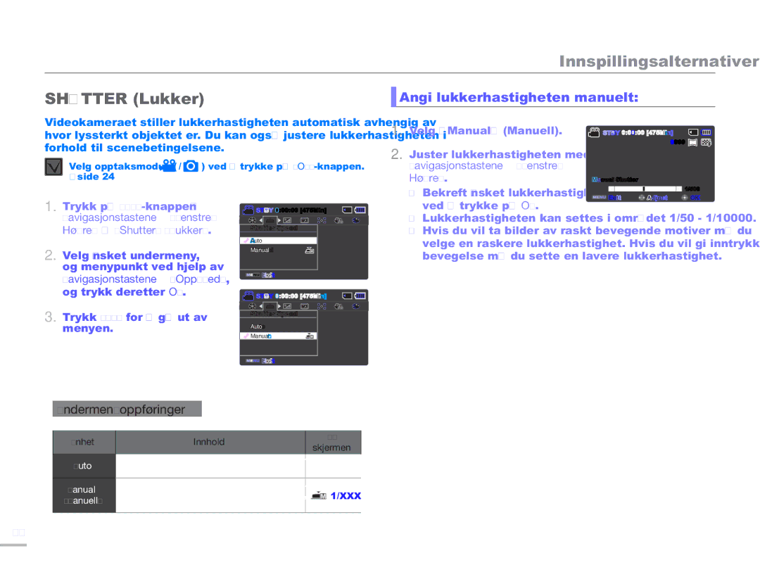 Samsung SMX-F50SP/EDC, SMX-F50BP/EDC, SMX-F50RP/EDC manual Shutter Lukker, Angi lukkerhastigheten manuelt 