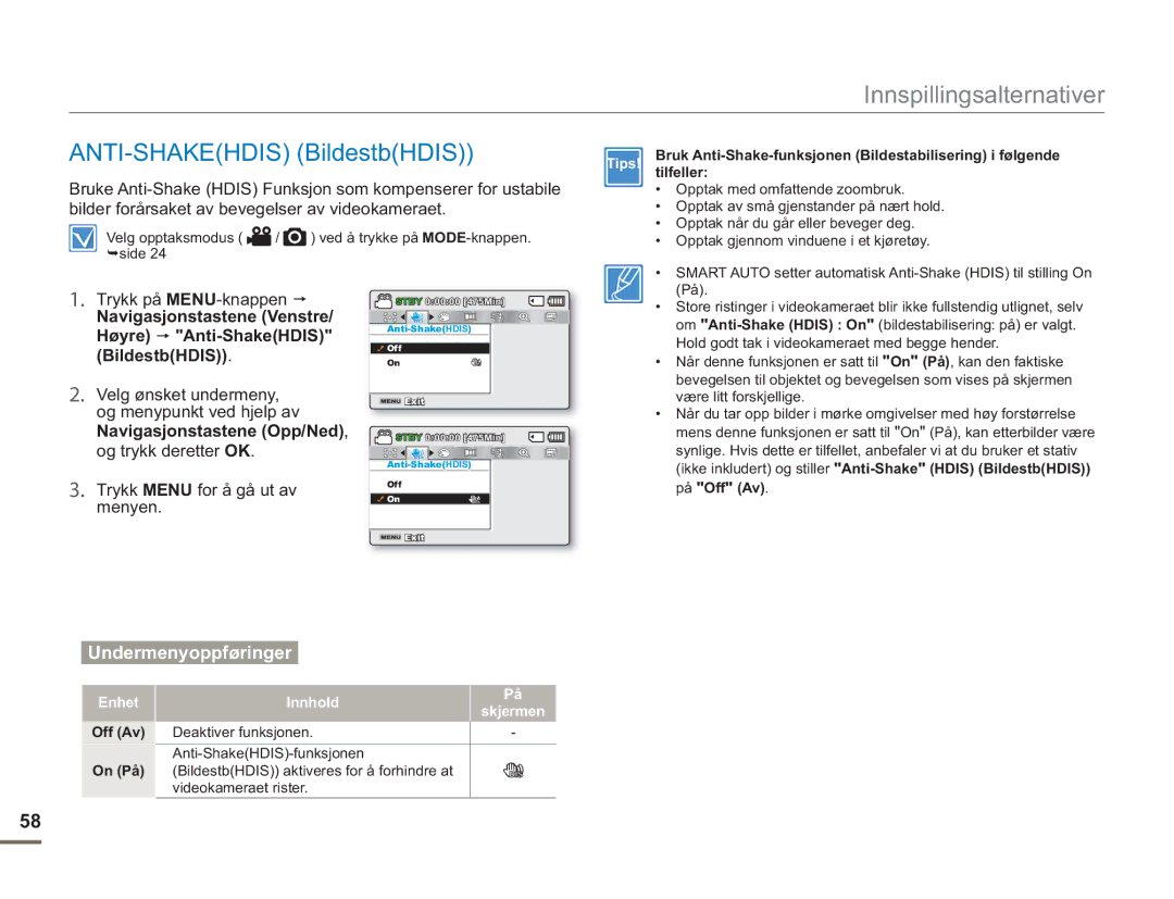 Samsung SMX-F50SP/EDC, SMX-F50BP/EDC, SMX-F50RP/EDC manual ANTI-SHAKEHDIS BildestbHDIS, Off Av On På 