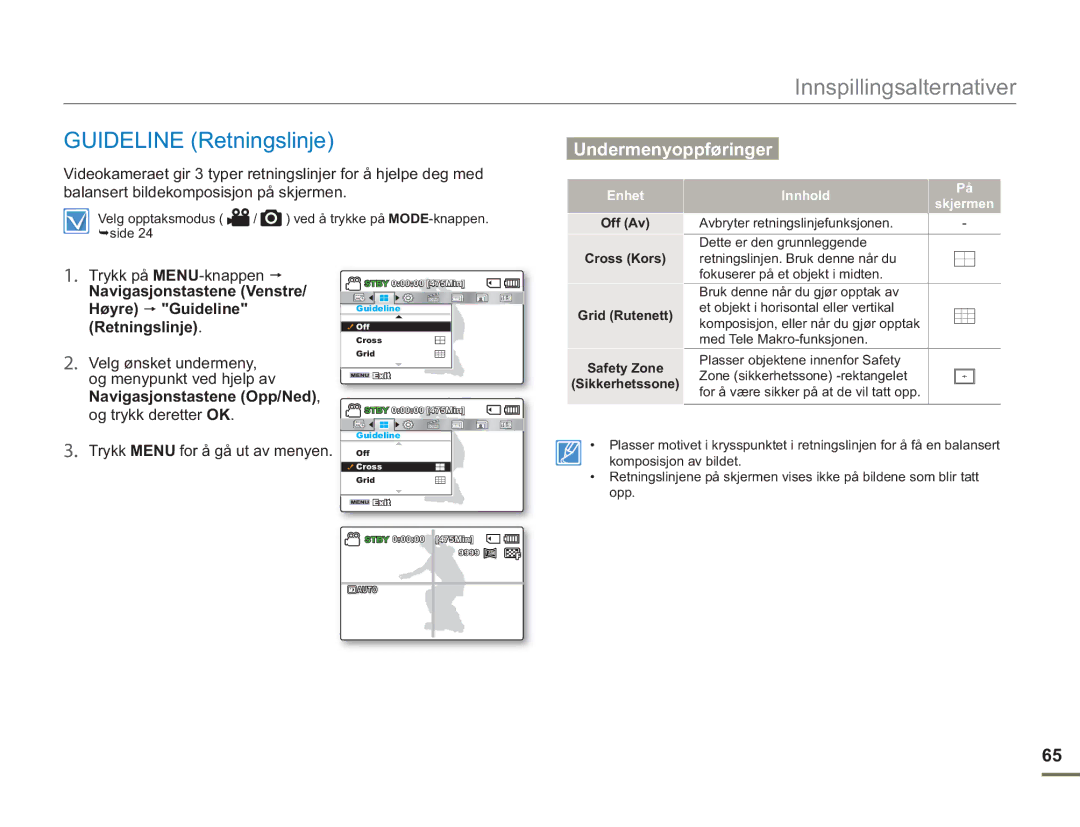 Samsung SMX-F50BP/EDC manual Guideline Retningslinje, Høyre Guideline, Cross Kors Grid Rutenett Safety Zone Sikkerhetssone 