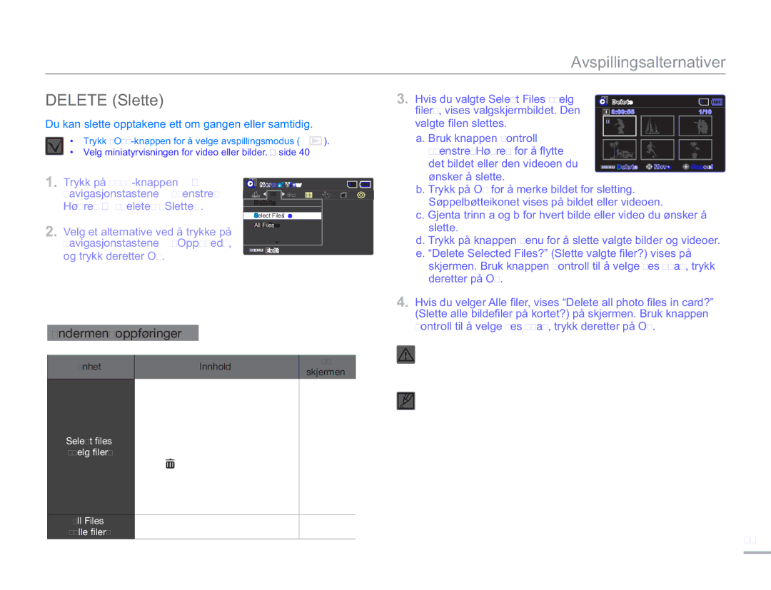 Samsung SMX-F50RP/EDC, SMX-F50BP/EDC manual Delete Slette, Hvis du valgte Select Files Velg, Venstre/Høyre for å flytte 