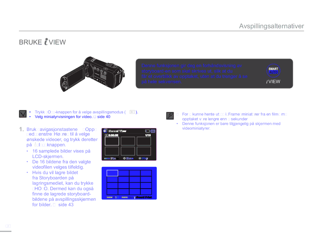 Samsung SMX-F50RP/EDC manual Bruke View, Ned/Venstre/Høyre til å velge, Bildene på avspillingsskjermen, For bilder. side 