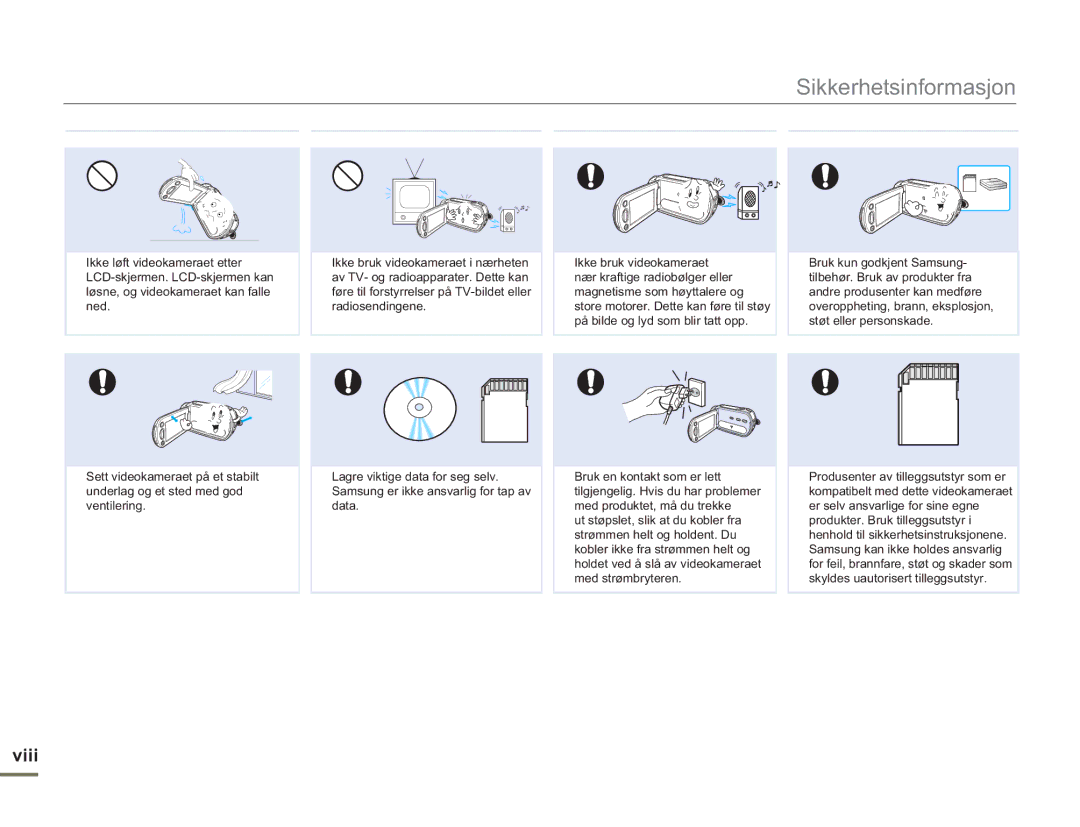 Samsung SMX-F50SP/EDC, SMX-F50BP/EDC, SMX-F50RP/EDC manual Viii 