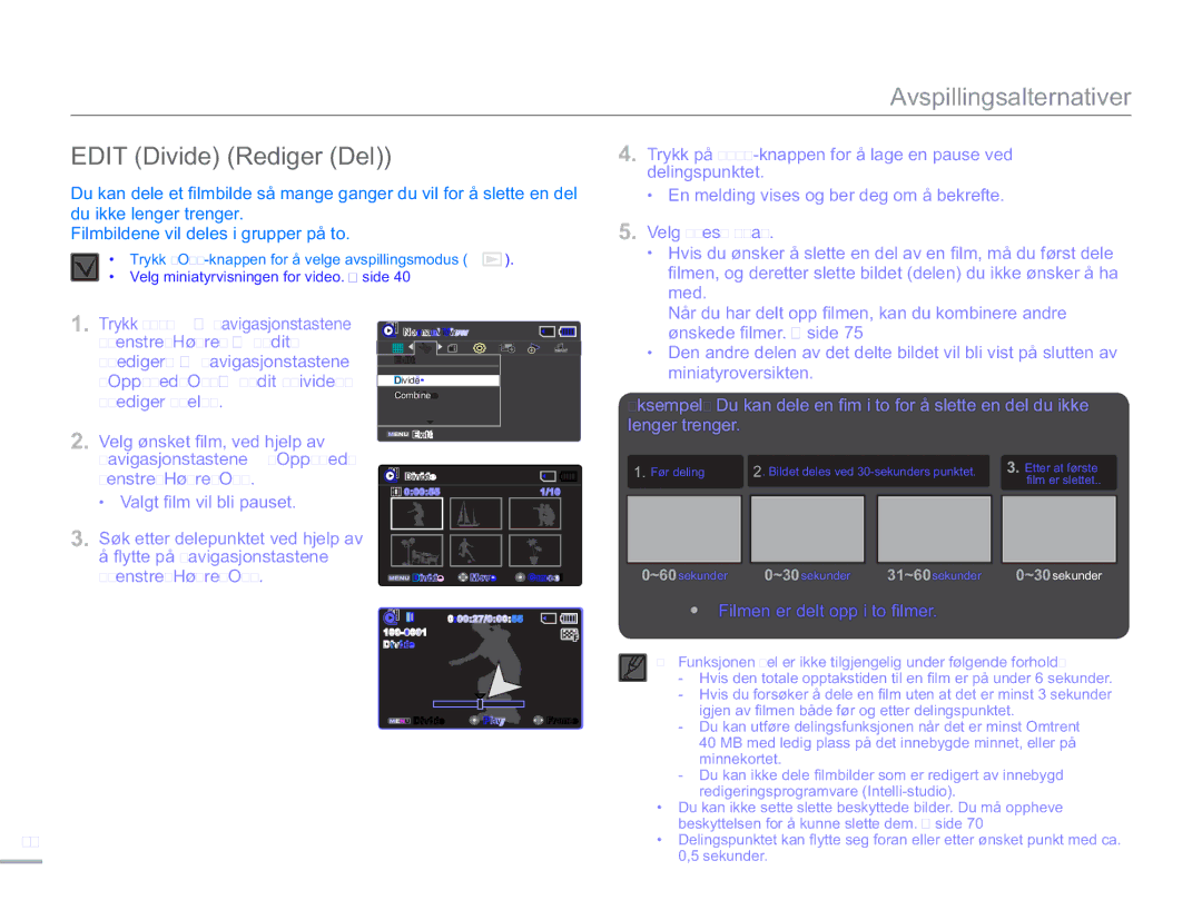 Samsung SMX-F50BP/EDC, SMX-F50RP/EDC, SMX-F50SP/EDC manual Edit Divide Rediger Del 