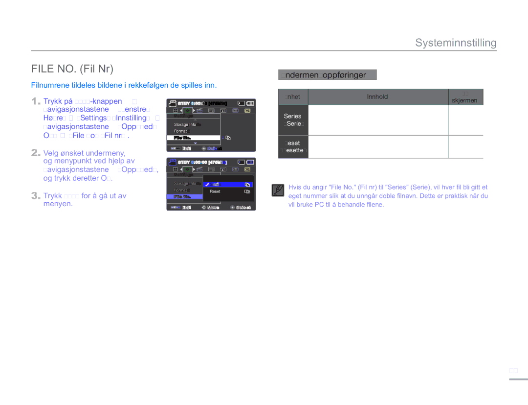Samsung SMX-F50RP/EDC, SMX-F50BP/EDC File NO. Fil Nr, Høyre Settings Innstilling, OK File No Fil nr, Velg ønsket undermeny 