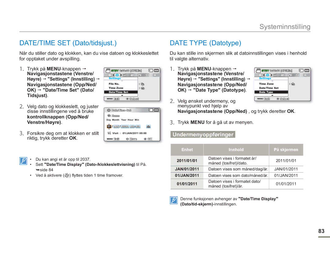 Samsung SMX-F50BP/EDC, SMX-F50RP/EDC, SMX-F50SP/EDC manual DATE/TIME SET Dato/tidsjust Date Type Datotype 