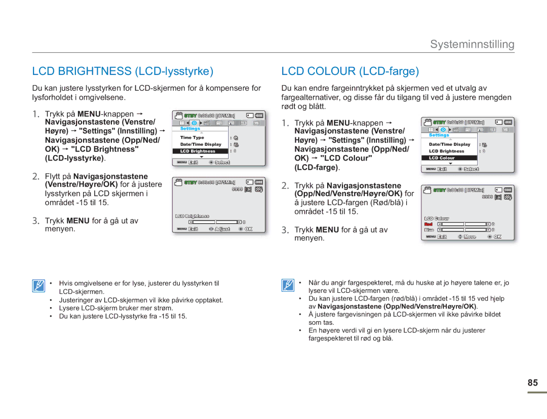 Samsung SMX-F50SP/EDC, SMX-F50BP/EDC, SMX-F50RP/EDC manual LCD Brightness LCD-lysstyrke, LCD Colour LCD-farge 