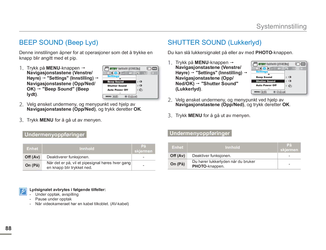 Samsung SMX-F50SP/EDC, SMX-F50BP/EDC, SMX-F50RP/EDC manual Beep Sound Beep Lyd, Shutter Sound Lukkerlyd 