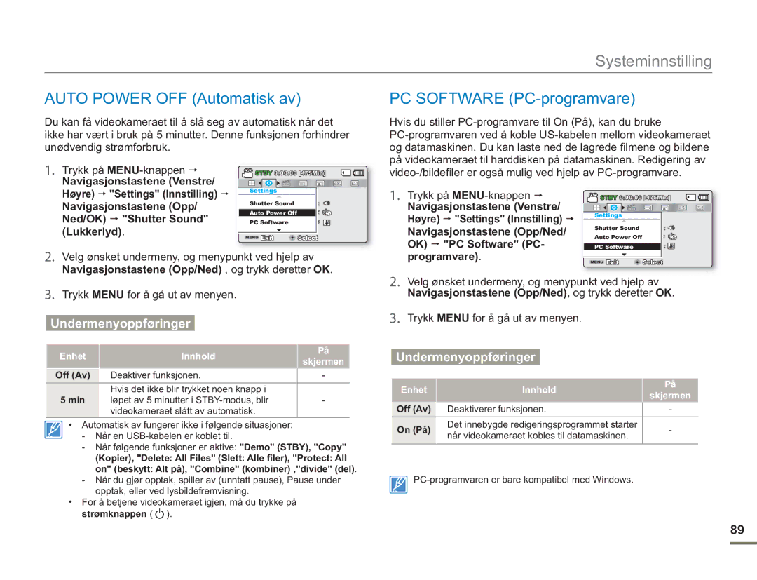 Samsung SMX-F50BP/EDC, SMX-F50RP/EDC manual Auto Power OFF Automatisk av, PC Software PC-programvare, OK PC Software PC 