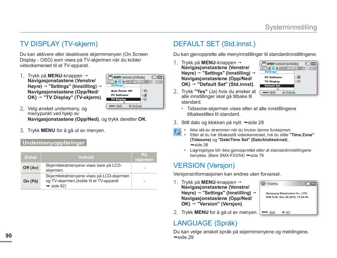 Samsung SMX-F50RP/EDC, SMX-F50BP/EDC manual TV Display TV-skjerm, Default SET Std.innst, Version Versjon, Language Språk 