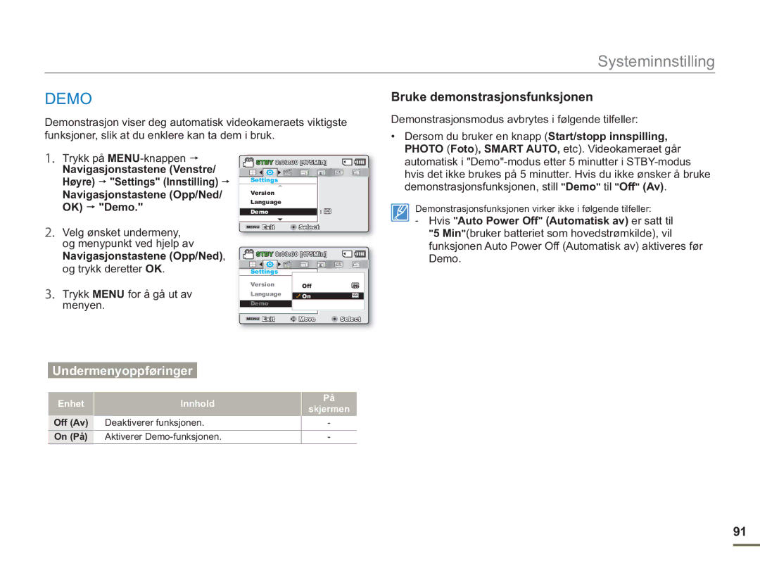 Samsung SMX-F50SP/EDC manual Demo, Bruke demonstrasjonsfunksjonen, Dersom du bruker en knapp Start/stopp innspilling 