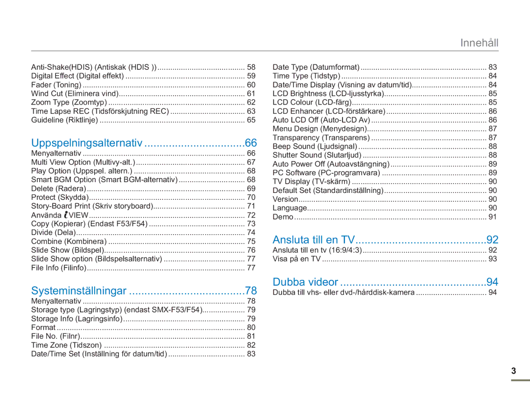 Samsung SMX-F50RP/EDC, SMX-F50BP/EDC, SMX-F50SP/EDC manual Innehåll 