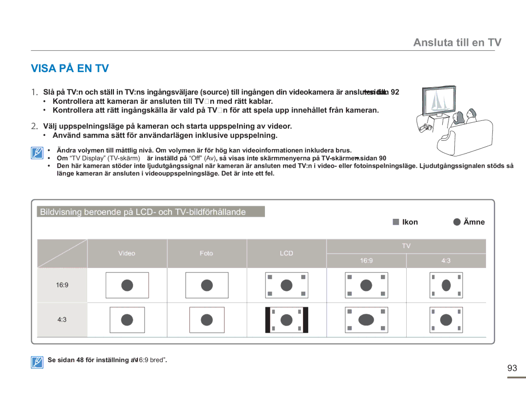 Samsung SMX-F50RP/EDC manual Visa PÅ EN TV, Bildvisning beroende på LCD- och TV-bildförhållande, Ikon Ämne, Video Foto, 169 