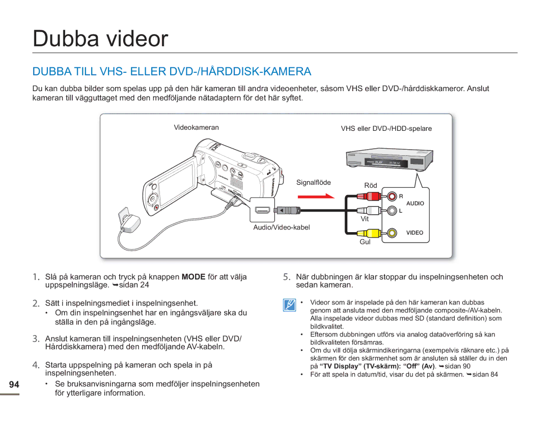 Samsung SMX-F50SP/EDC, SMX-F50BP/EDC, SMX-F50RP/EDC manual Dubba videor, Dubba Till VHS- Eller DVD-/HÅRDDISK-KAMERA 