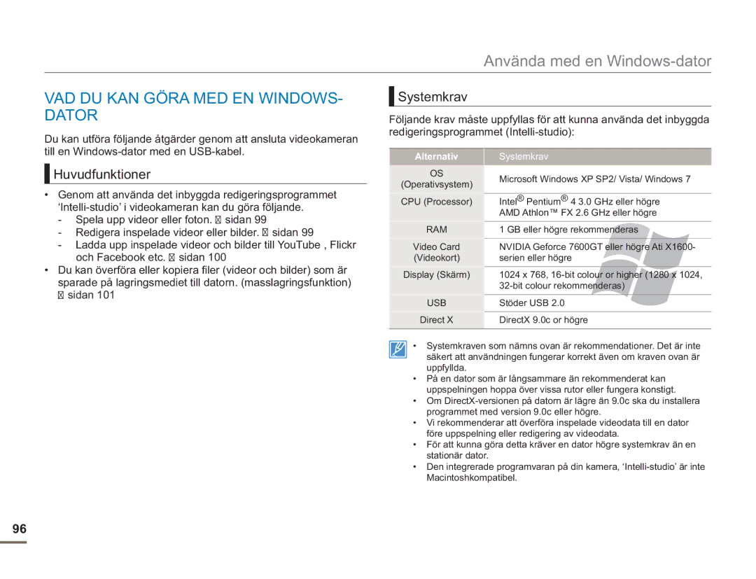 Samsung SMX-F50RP/EDC, SMX-F50BP/EDC, SMX-F50SP/EDC manual VAD DU KAN Göra MED EN WINDOWS- Dator, Systemkrav, Huvudfunktioner 